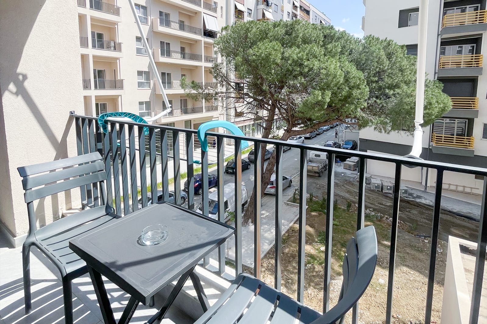Private balcony with seating and city view